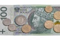 Polish one hundred zloty bill and coins macro isolated Royalty Free Stock Photo