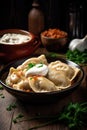 Polish Pierogi dish, close up shot. Gourmet food photography.