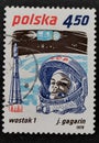 Polish post stamp. Wostok 1 space rocket and cosmonaut J. Gagarin
