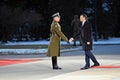 Polish Prime Minister Mateusz Morawiecki welcomes German Chancellor Angela Merkel before their meeting in Warsaw Royalty Free Stock Photo