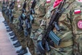 Polish soldiers in the ranks at uniforms with guns. Krakow. Royalty Free Stock Photo