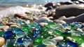 Polish Textured Sea Glasses and Stones on the Seashore Green, Blue Shiny Glass Sea Pebbles Close-Up AI Generative Royalty Free Stock Photo