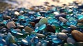 Polish Textured Sea Glasses and Stones on the Seashore Green, Blue Shiny Glass Sea Pebbles Close-Up AI Generative Royalty Free Stock Photo