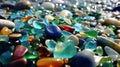 Polish Textured Sea Glasses and Stones on the Seashore Green, Blue Shiny Glass Sea Pebbles Close-Up AI Generative Royalty Free Stock Photo