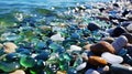 Polish Textured Sea Glasses and Stones on the Seashore Green, Blue Shiny Glass Sea Pebbles Close-Up AI Generative Royalty Free Stock Photo