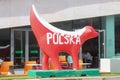 A Polish themed Superlambanana statue outside the museum at Liverpool Pier Head, near the city centre
