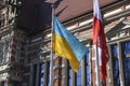 Polish and Ukrainian flag. Helping refugees together against Russia in the war Royalty Free Stock Photo