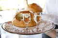 Polish wedding tradition bread, salt and vodka. Royalty Free Stock Photo