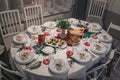 Christmas Eve's red borscht soup with mushroom filled ravioli and beet chips and sauerkraut with mushrooms on Royalty Free Stock Photo