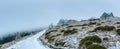 Polish winter landscape in the mountains, shelter pttk Pod Labskim Szczytem, a tourist trail in Karkonosze.