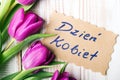 Polish Women's Day card and a bouquet of beautiful tulips Royalty Free Stock Photo