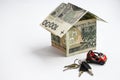 Polish zloty currency, poland money, one hundred zloty copy space, money in the shape of house and keys from home with toy car Royalty Free Stock Photo