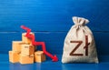 Polish zloty money bag with boxes and down arrow. Bad consumer sentiment and demand for goods. Income decrease, slowdown and Royalty Free Stock Photo