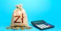 Polish zloty money bag and calculator. Accounting concept. Budgeting. Calculation of damage and insurance payments. Summing up Royalty Free Stock Photo