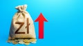 Polish zloty money bag with red arrow up. Recover financial system after crisis. Raising taxes. Deposit interest. Increase