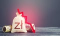 Polish zloty money bag and red down arrow. Economic difficulties fall. Stagnation, recession, declining business activity, falling