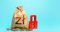 Polish zloty money bag and red padlock. Blocking bank accounts and seizing assets. Cash flow monitoring. Freezing of pension Royalty Free Stock Photo