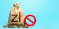 Polish zloty money bag and red prohibition sign NO. Monetary restrictions, freezing of bank accounts. Confiscation of deposits. Royalty Free Stock Photo