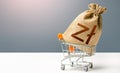 Polish zloty money bag in a shopping cart. Business and trade concept. Public budgeting. Profits and super profits. Minimum living
