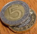 5 Polish Zloty on top of One British Pound Coin B Royalty Free Stock Photo