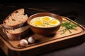 Polish Zurek soup with half boiled eggs in a ceramic plate. Served with dill, onion or parsley on a wooden kitchen board with rye