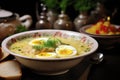 Polish Zurek soup with half boiled eggs in a ceramic plate. Traditional Easter Polish dish