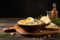 Polish Zurek soup, a traditional Easter dish with half boiled eggs in a ceramic plate on a wooden kitchen board. Dark background.