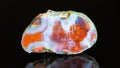 Polished agate precious stone cross section with reflection on black background Royalty Free Stock Photo