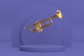 Polished Brass or Golden Trumpet over Violet Very Peri Cylinders Products Stage Pedestal. 3d Rendering