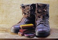 POLISHED COMBAT BOOTS WITH TIN OF POLISH AND BRUSHES WITH  LOOSE LACES