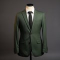 Polished Craftsmanship: Green Suit On Mannequin Against Grey Background Royalty Free Stock Photo