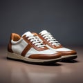Polished Craftsmanship: Tan And Brown Sneakers With White Stripes