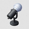 3D rendered classic broadcast microphone on stand tilted at angle with silver mesh head and black body, vintage studio recording Royalty Free Stock Photo
