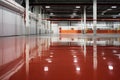 polished epoxy red stained floor in dark empty warehouse, Generative Ai