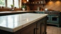 A polished kitchen island\'s marble top gleams, reflecting soft light, in a rustic-chic kitchen setting. Generative AI Royalty Free Stock Photo