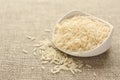 Polished long rice grains in white ceramic bowl