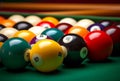 Polished Many colorful billiard balls and cue. Generate Ai