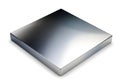A polished metal cube with a reflective surface casting a subtle shadow on a white background Royalty Free Stock Photo