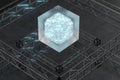 Polished metal frame, a transparent suspended cube, 3d rendering