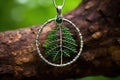 a polished metal tree of life pendant on a green leaf