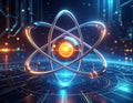 Sleek metallic atom model with glowing nucleus and orbiting electrons on a digital circuit board Royalty Free Stock Photo