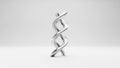 A polished metallic silver double helix DNA molecule sculpture stands isolated on a clean white background with Royalty Free Stock Photo