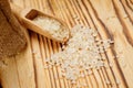 Polished round rice in bowls and bags on a wooden background. High quality photo