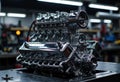 High-performance engine with metallic components and intricate details on a workshop table Royalty Free Stock Photo