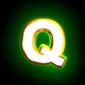 Polished yellow and white creative glow green alphabet - letter Q isolated on black color, 3D illustration of symbols