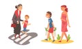 Polite Boy Carrying Shopping Bag Helping Pregnant Mother and Leading Senior Woman Across Road Vector Set