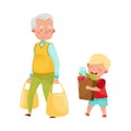 Polite Boy Carrying Shopping Bag Helping Senior Man Vector Illustration