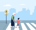Polite child, courtesies and kindness. Good manner, kid helping senior person cross the road. Behavior younger with