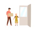 Polite child holding door for adult man carrying box. Courteous kid helping adult. Girl showing good manners, decency Royalty Free Stock Photo