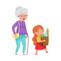 Polite Girl Carrying Shopping Bag Helping Senior Woman Vector Illustration